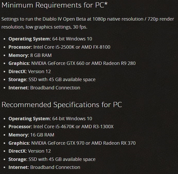 《暗黑破坏神4》Beta测试系统需求